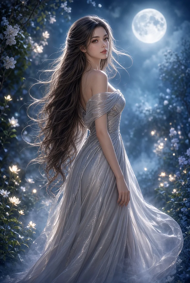Serene woman in flowing tulle turns in enchanted moonlit garden