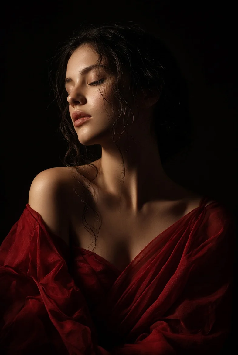 Serene Woman in Red Gown Basks in Soft Painterly Glow