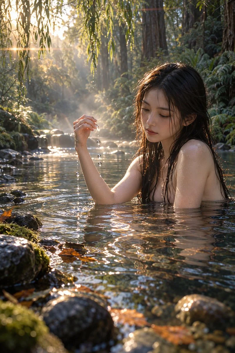 Serene Woman Sits Submerged in Primordial River with Iridescent Droplets