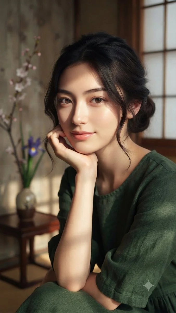 Serene woman with elegant updo smiles in soft shoji light