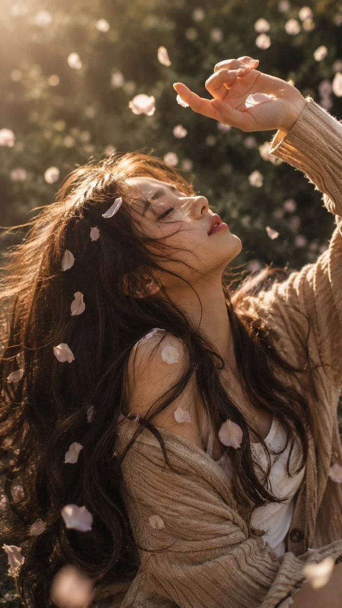 Serene woman with flowing dark hair basks in golden sunlight