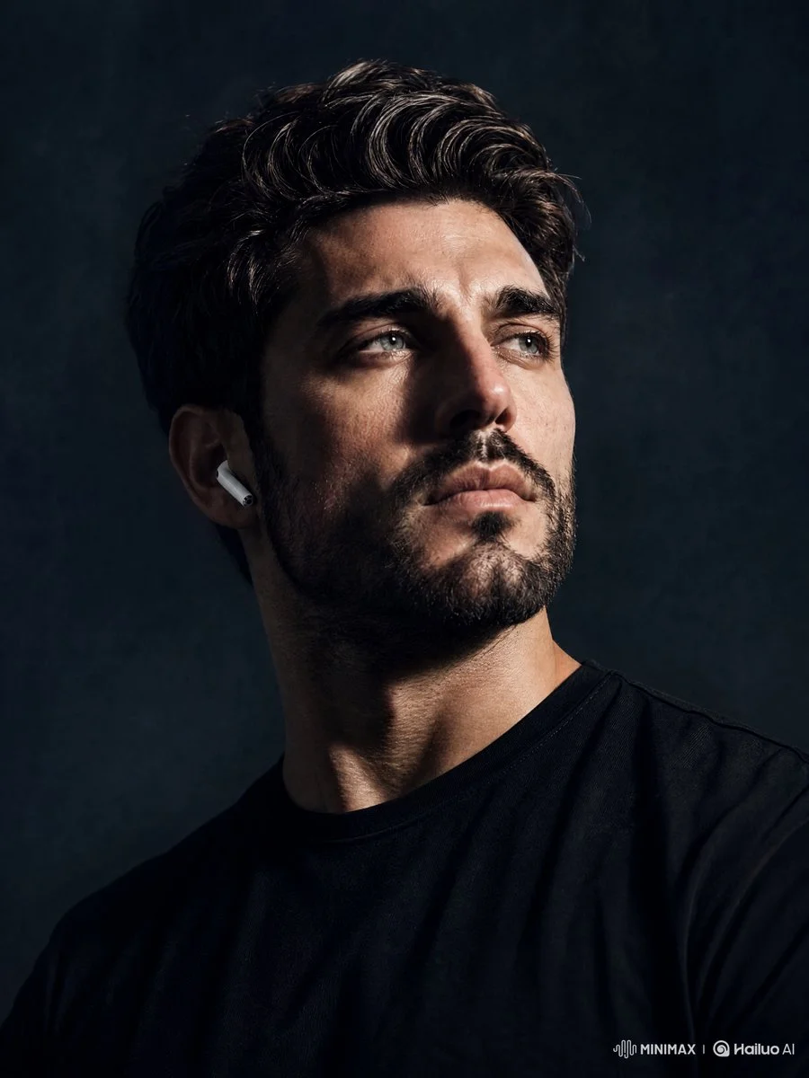 Serious Young Man Wearing Earbuds in High-Contrast Cinematic Portrait