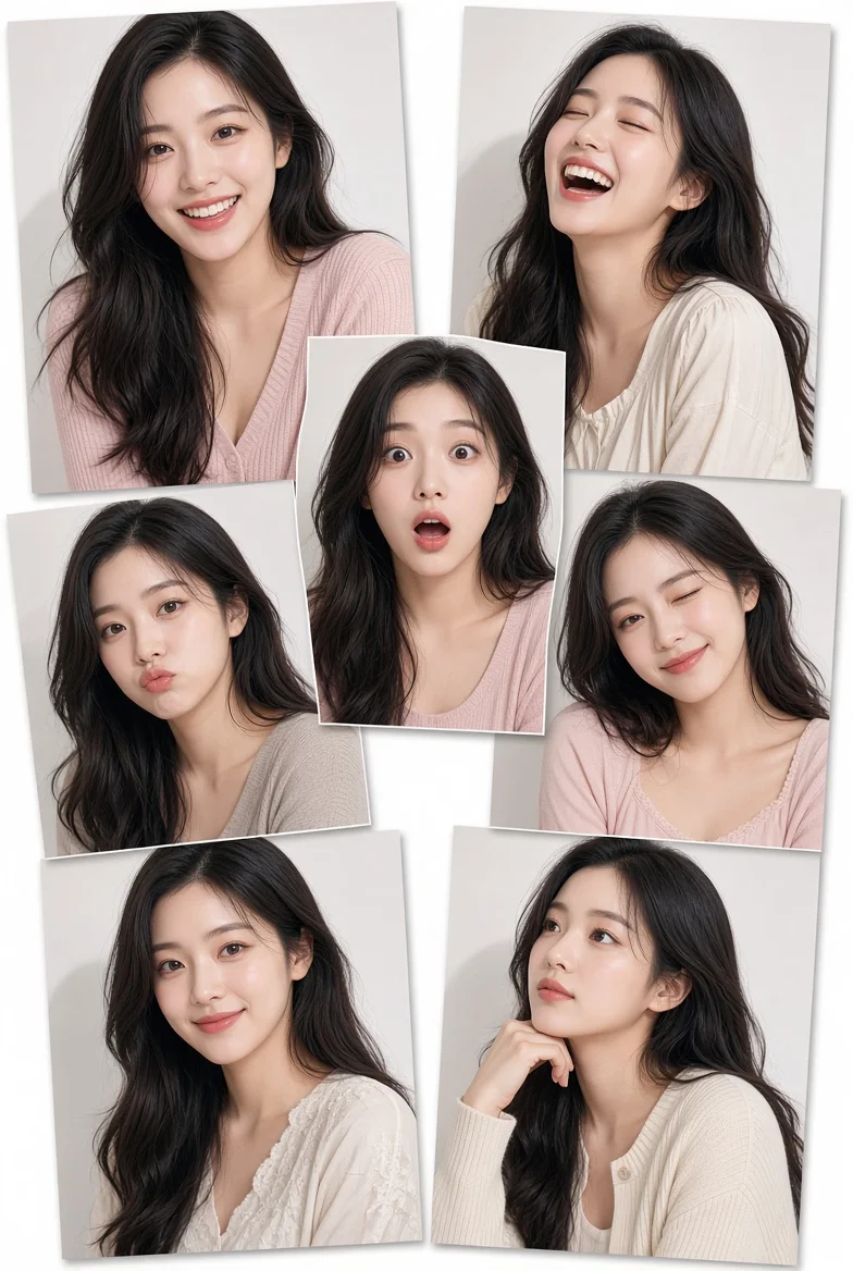 Seven expressive portraits of a young woman arranged in a cheerful collage