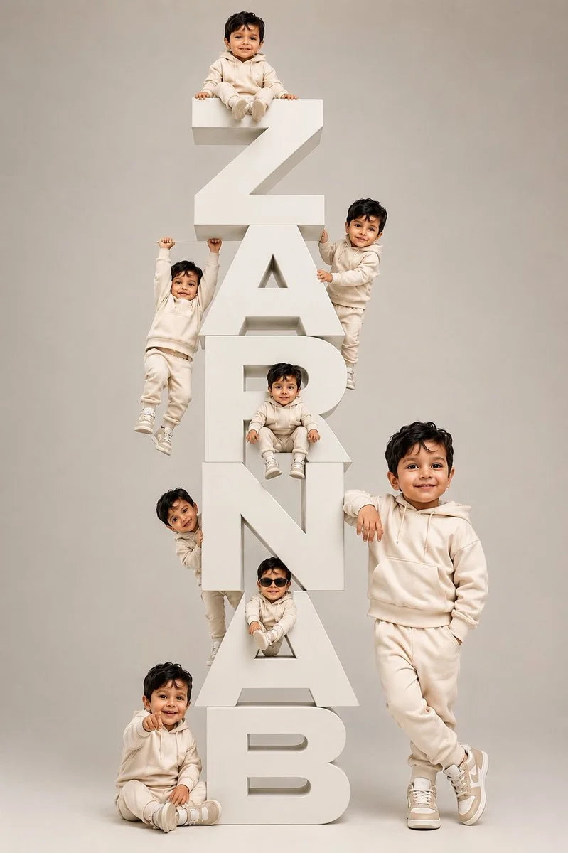Seven identical toddlers play around giant ZARNAB blocks