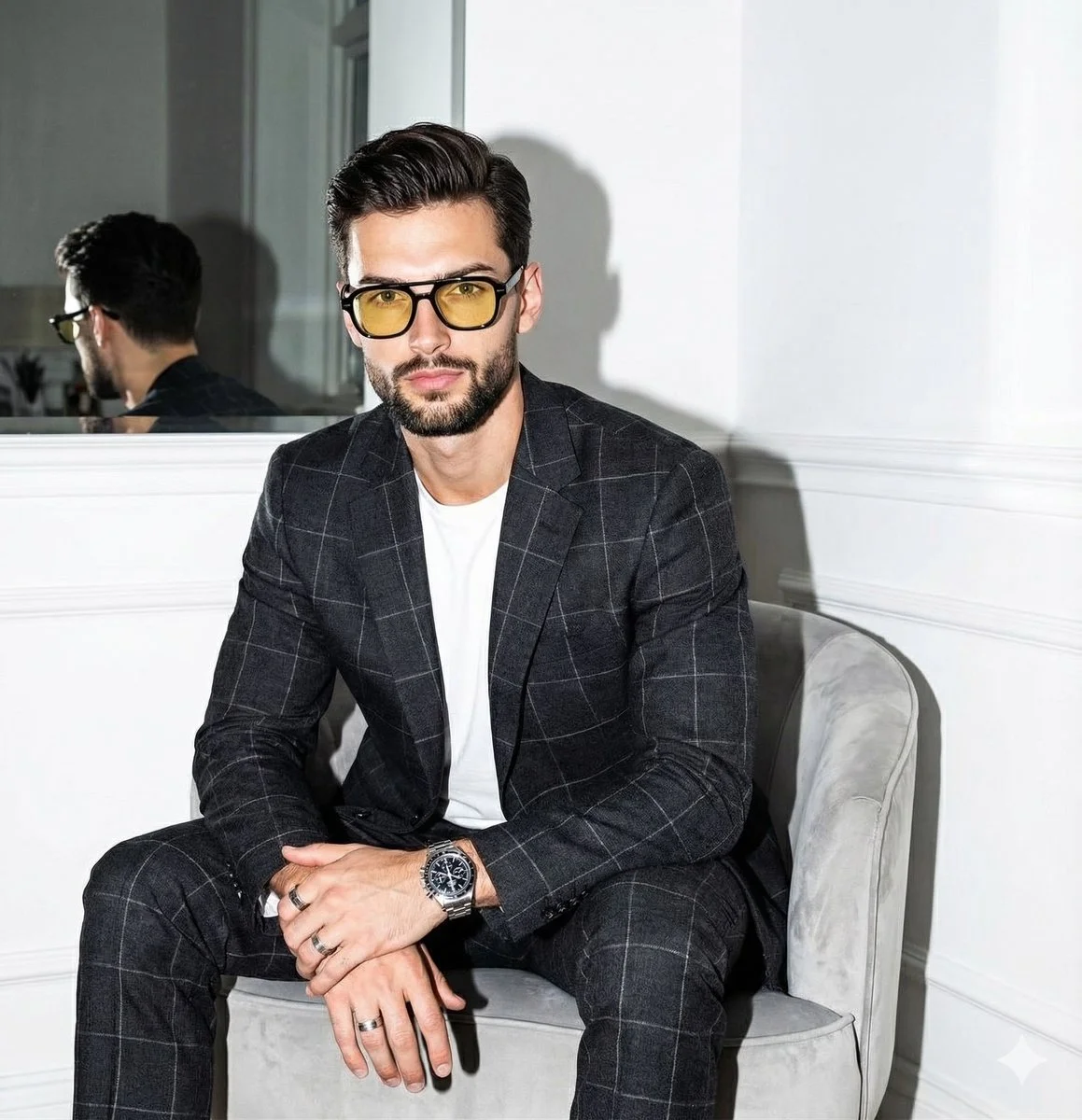 Sharp Editorial Portrait with Bold Yellow Glasses and Reflective Elements