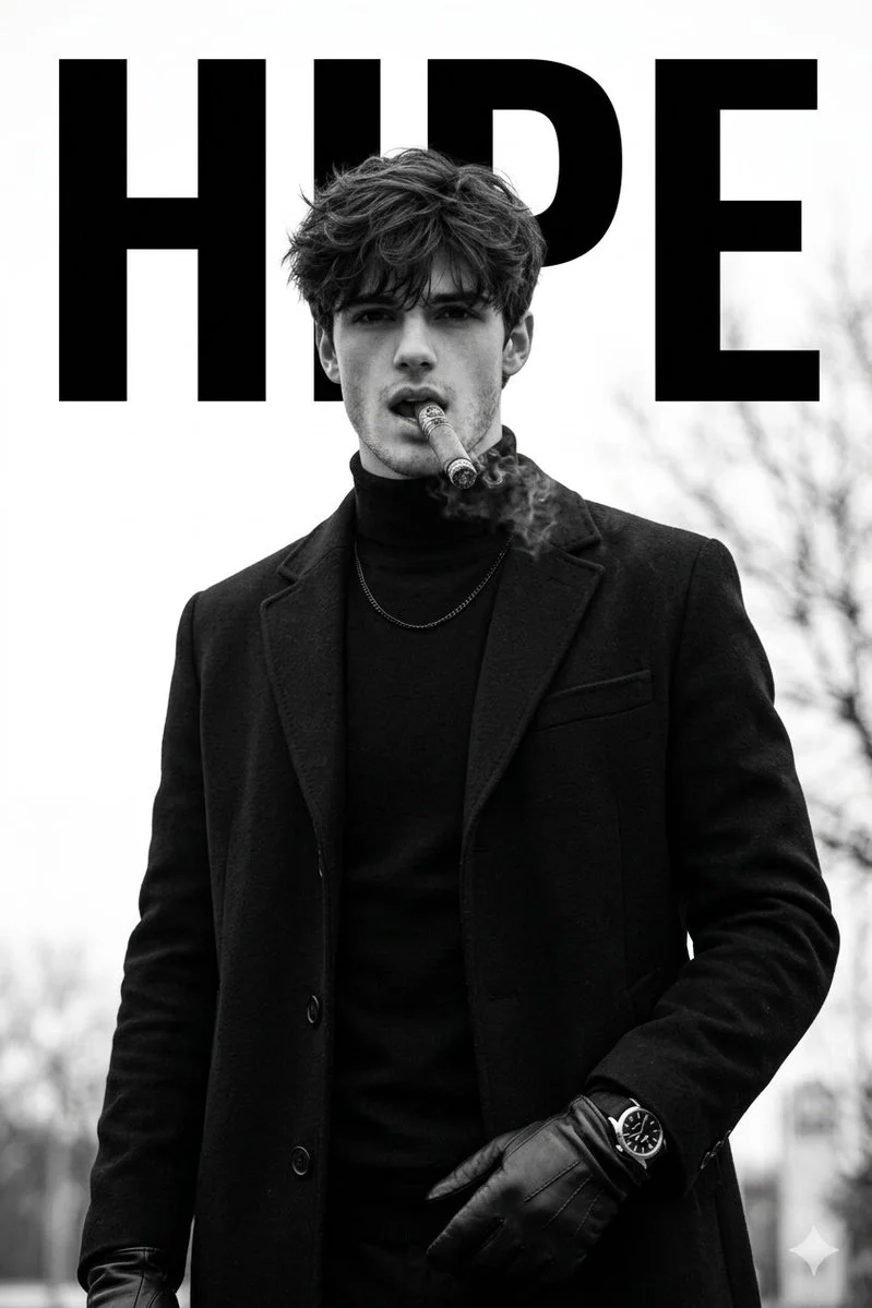 Sharp-jawed man in black coat smokes cigar outdoors