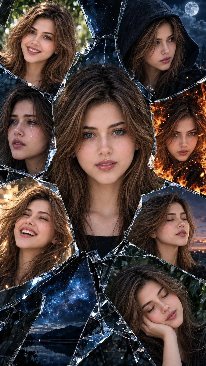 Shattered mirror reveals seven emotional faces of a woman