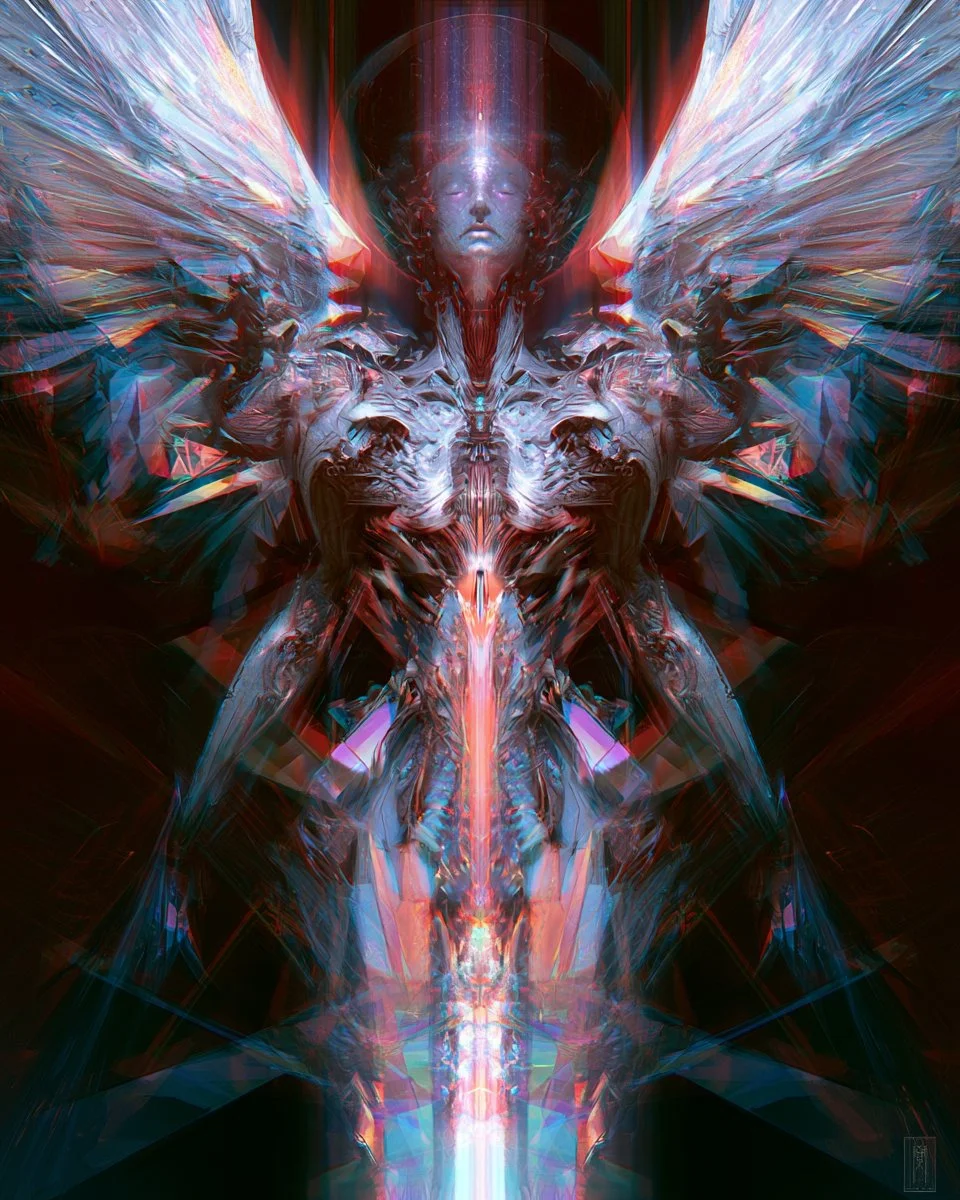 Shattered prism light fractures the dark alley with violet hues