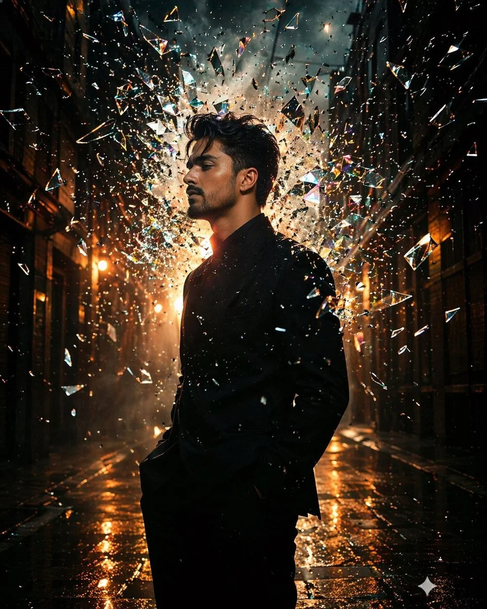 Shattered Silence: Urban Night Silhouette with Glass Shard Explosion