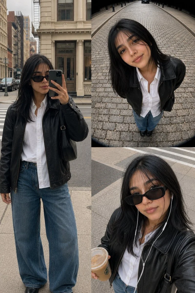 She holds iced coffee while wearing oversized leather jacket on city street