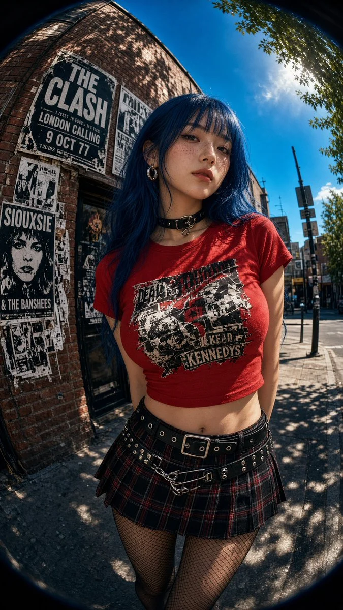 She leans toward the camera with a calm, distant gaze