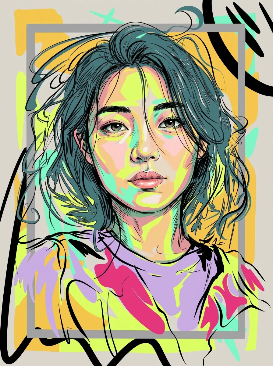 She Looks Upward as Neon Crossfire Splits Her Quiet Mind