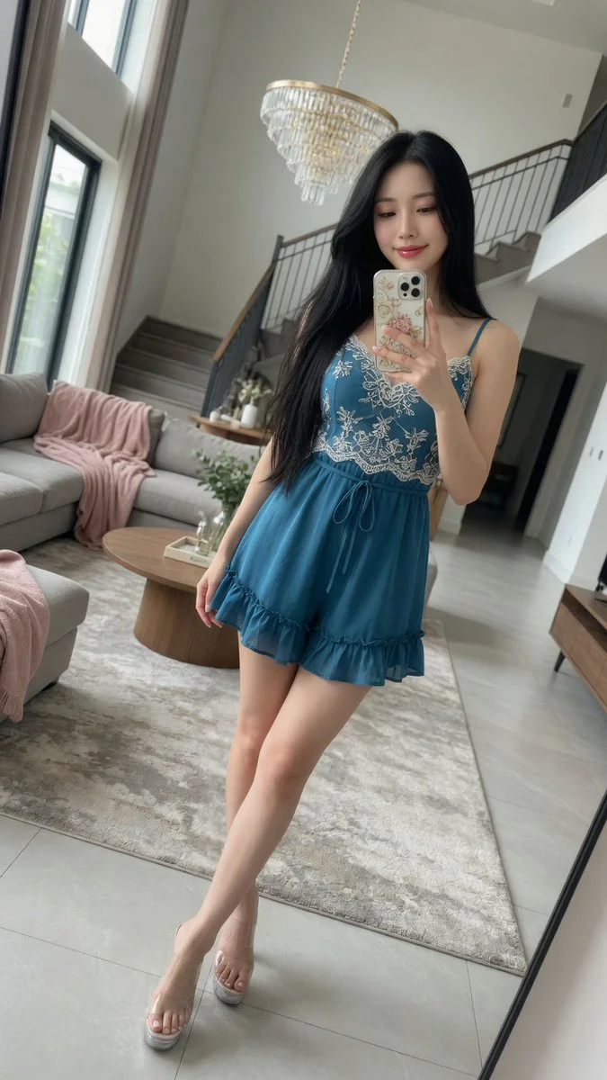 She poses for a full-length mirror selfie in a chic home interior.