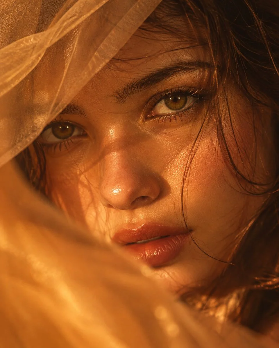 Sheer veil frames a face bathed in honeyed light
