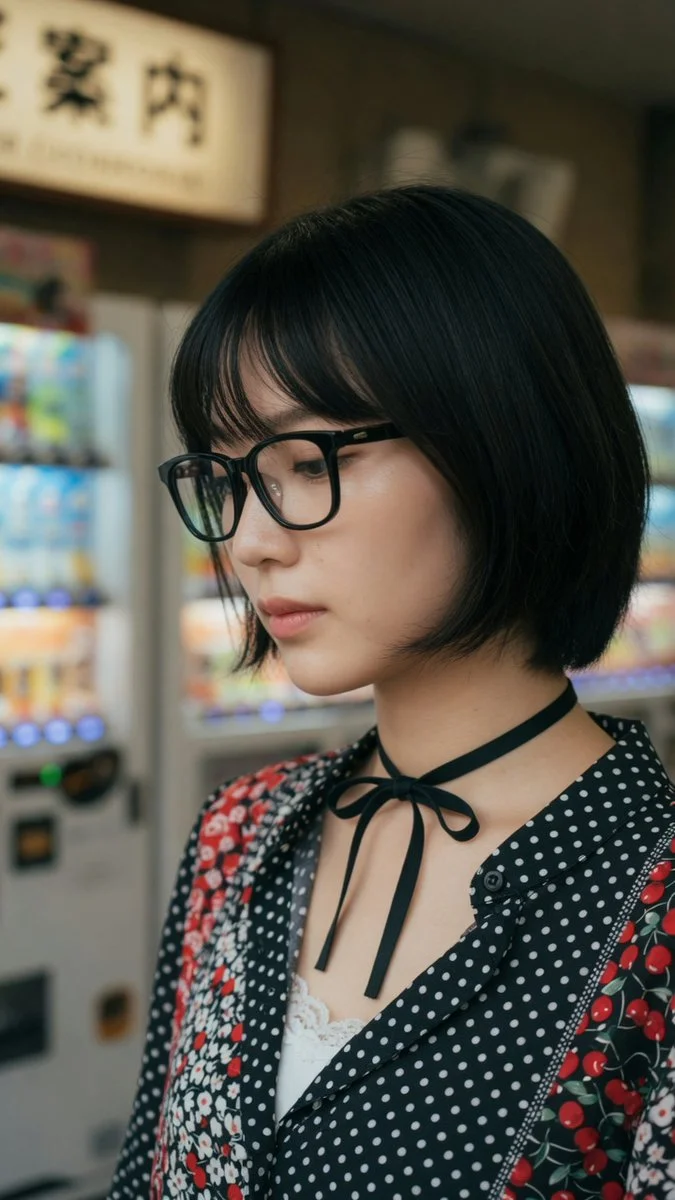 Short-haired student with floral blouse stands near blurred vending machines