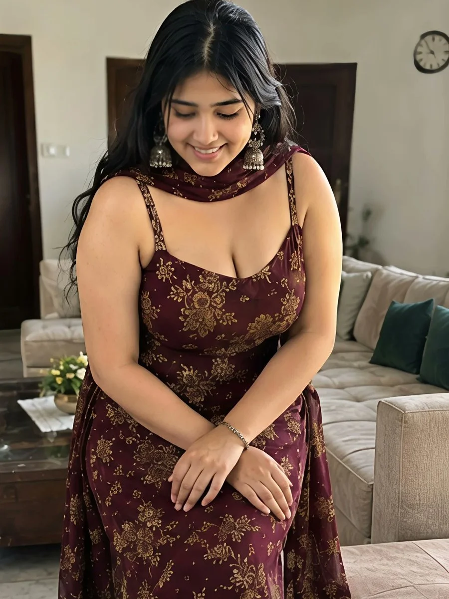 Shy smile and gold embroidery detail in bright modern interior