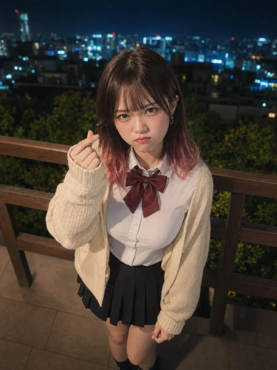 Shy tsundere girl in pink ombre hair looks up at camera.