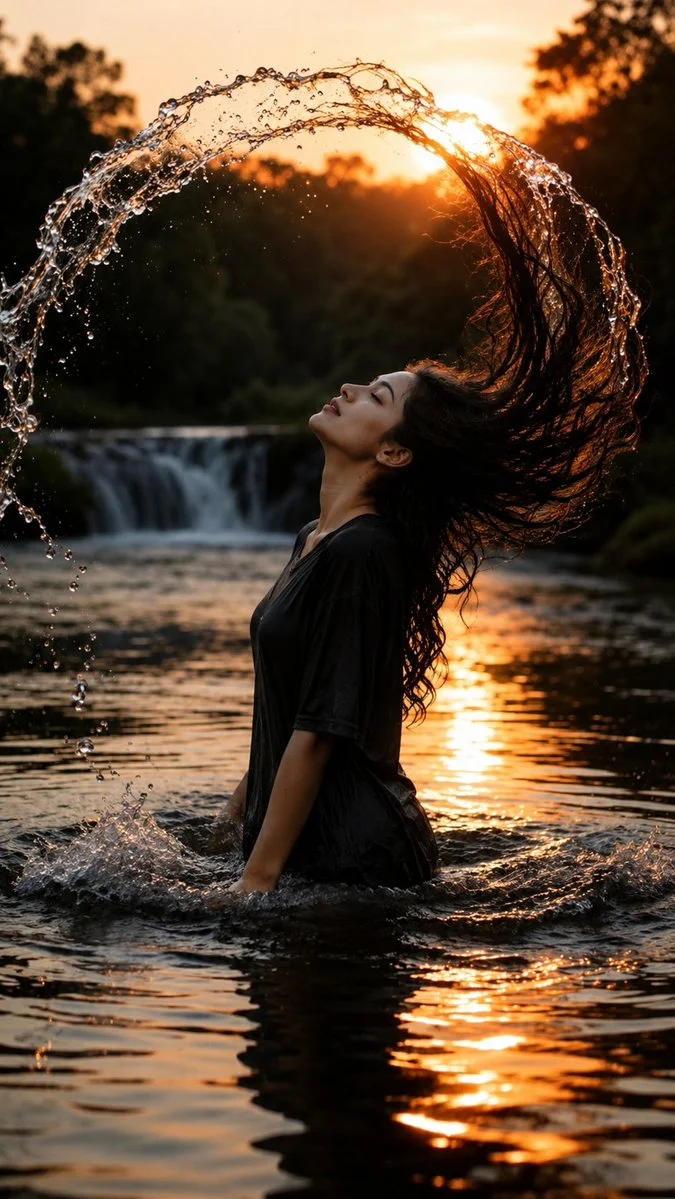 Side profile of a woman with hair caught in sunset wind