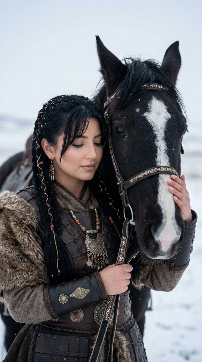 Silent Bond: Turkic Woman and Winter Horse