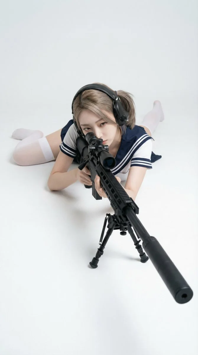 Silent Precision: Sailor Cosplay Sniper in High-Key Light