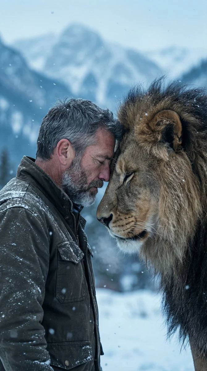 Silent Strength: Man and Lion United in Snowy Stillness