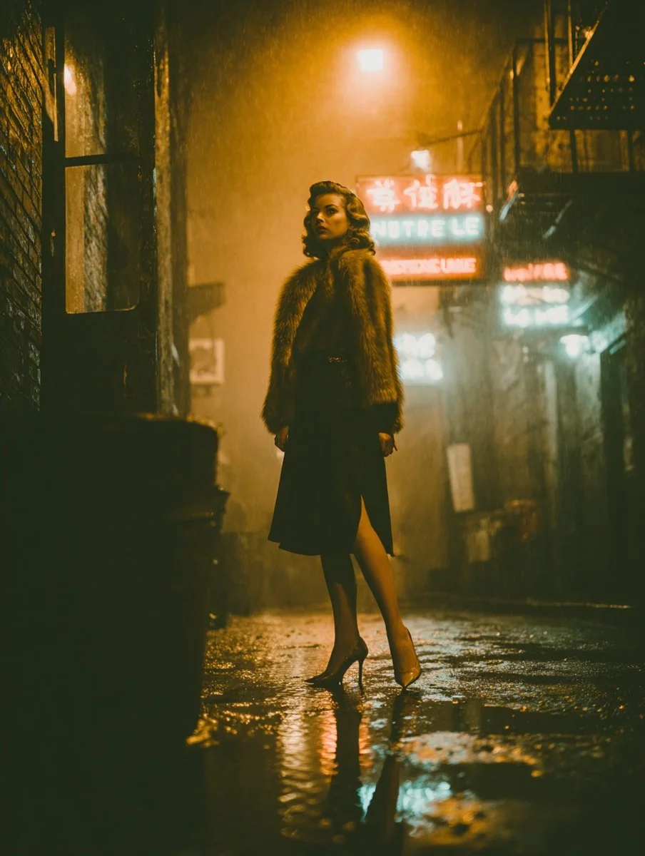 Silent Tension in a Neon-Lit Night Alley