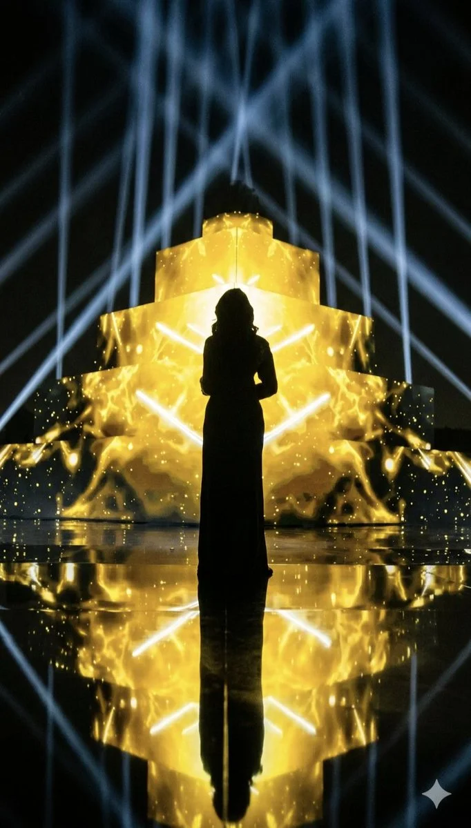 Silhouette Before the Flaming Golden Pyramid Stage