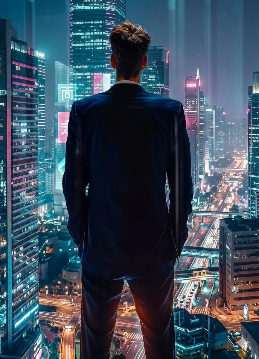 Silhouette of Ambition: Man in Tailored Suit Overlooking Cyberpunk Cityscape