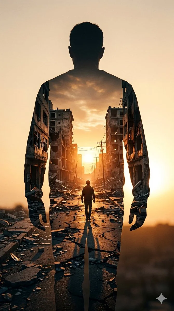 Silhouette of Solitude: War-Torn Street Within a Man's Shadow
