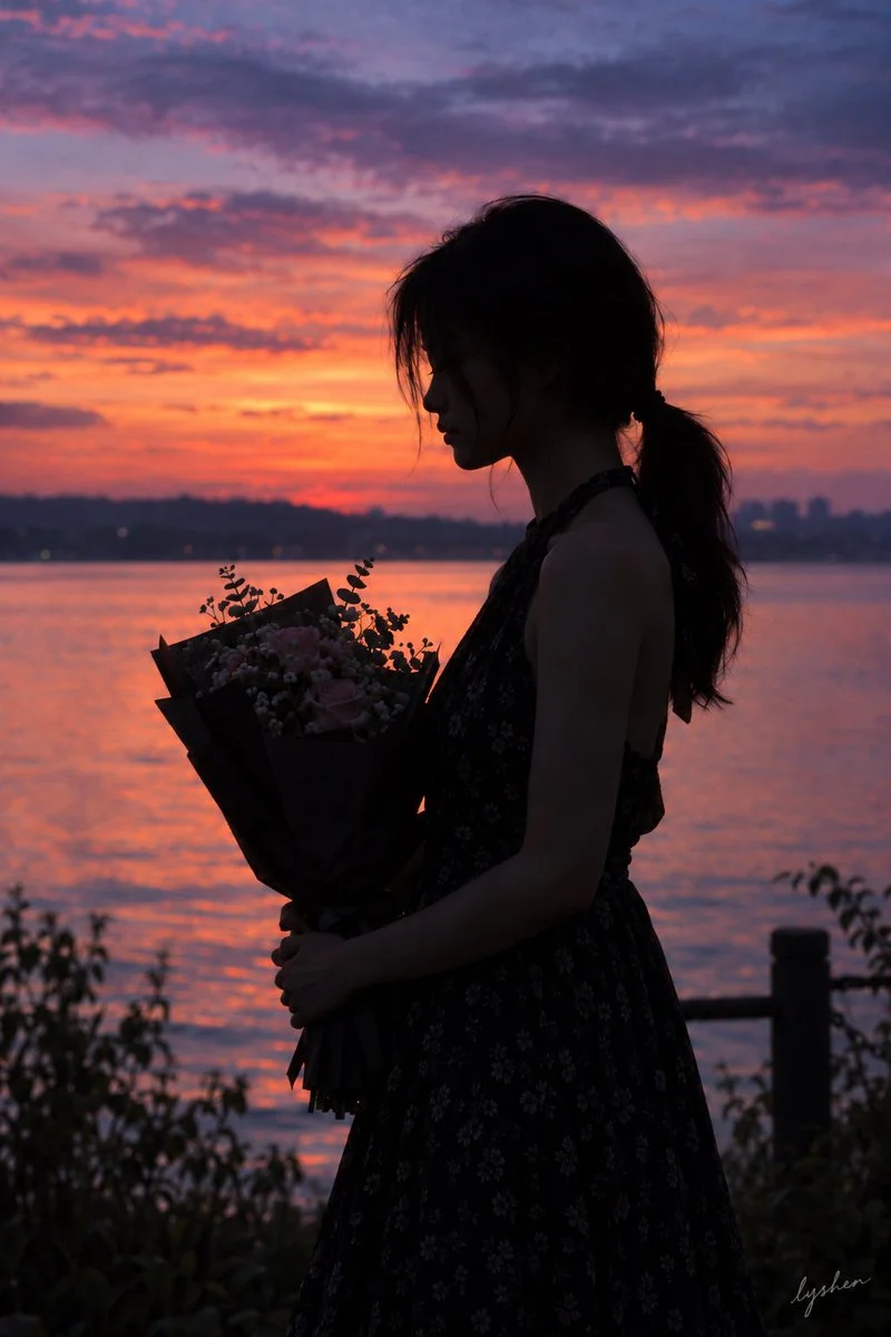Silhouetted figure bows head beside sea at twilight glow