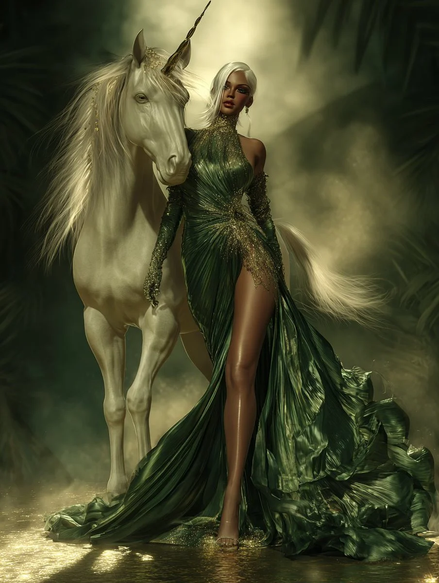 Silk-clad figure strides toward camera with unicorn companion in futuristic Rio