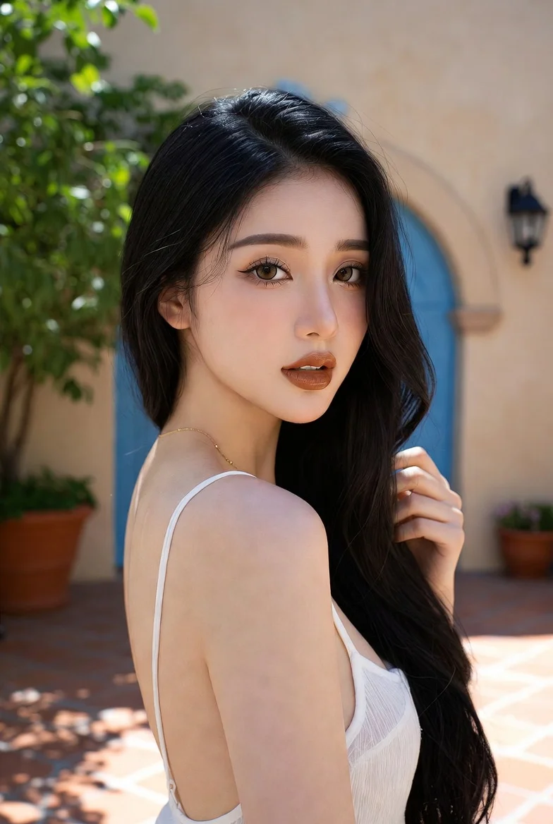 Silky-haired beauty touches her hair under warm golden sunlight