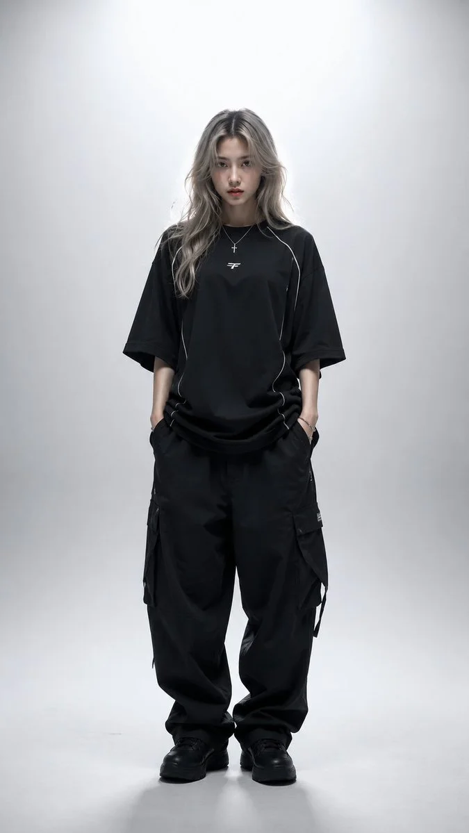 Silver-blonde model in black streetwear stands calmly with intense gaze