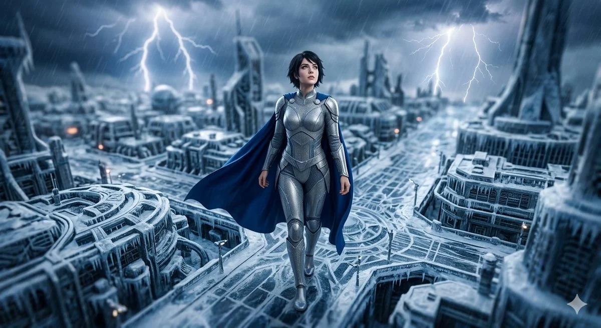 Silver-Clad Superheroine Amid Futuristic Storm