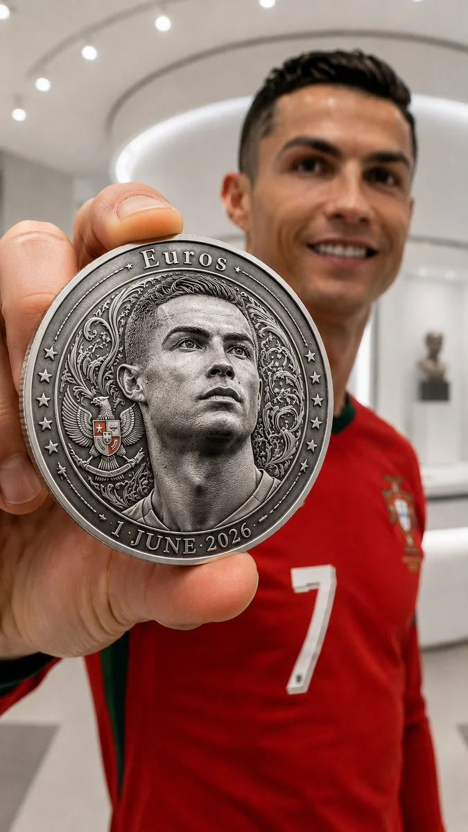 Silver coin with portrait held in hand shines in museum light