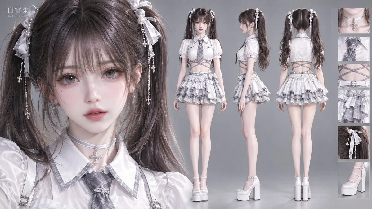 Silver-Grey Academic Fashion Character Sheet with Three Full-Body Views