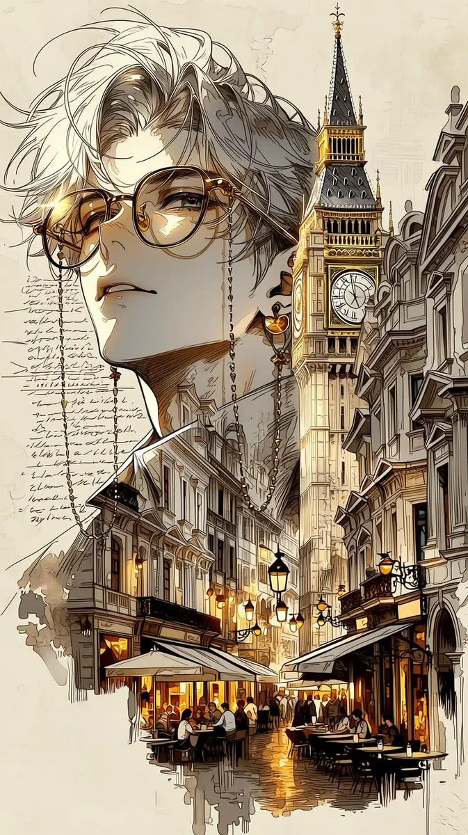 Silver-haired man in gold glasses poses by a vintage European café