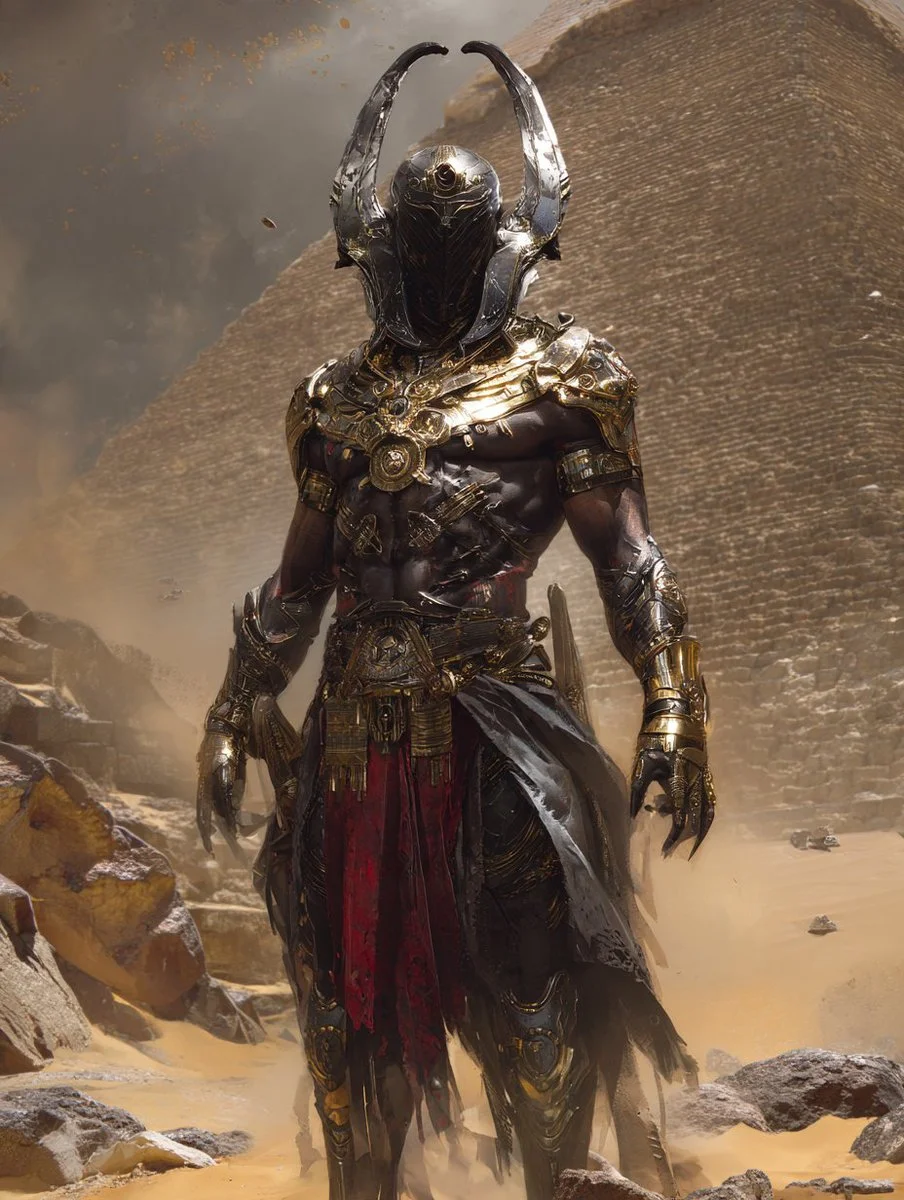 Silver Helmeted Warrior Gazes at Distant Pyramid in Haze