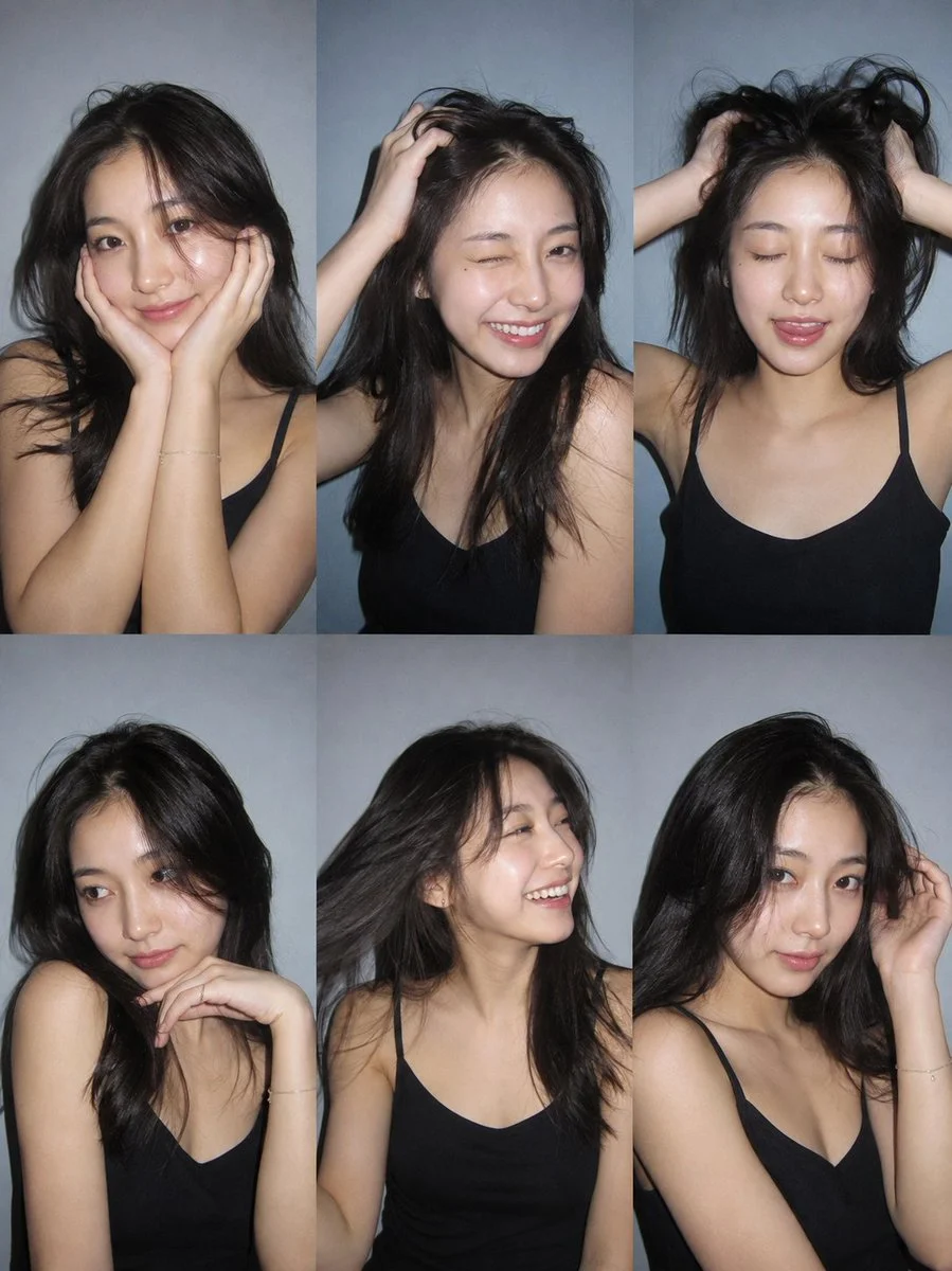 Six candid expressions captured with direct flash in a 3x2 grid collage