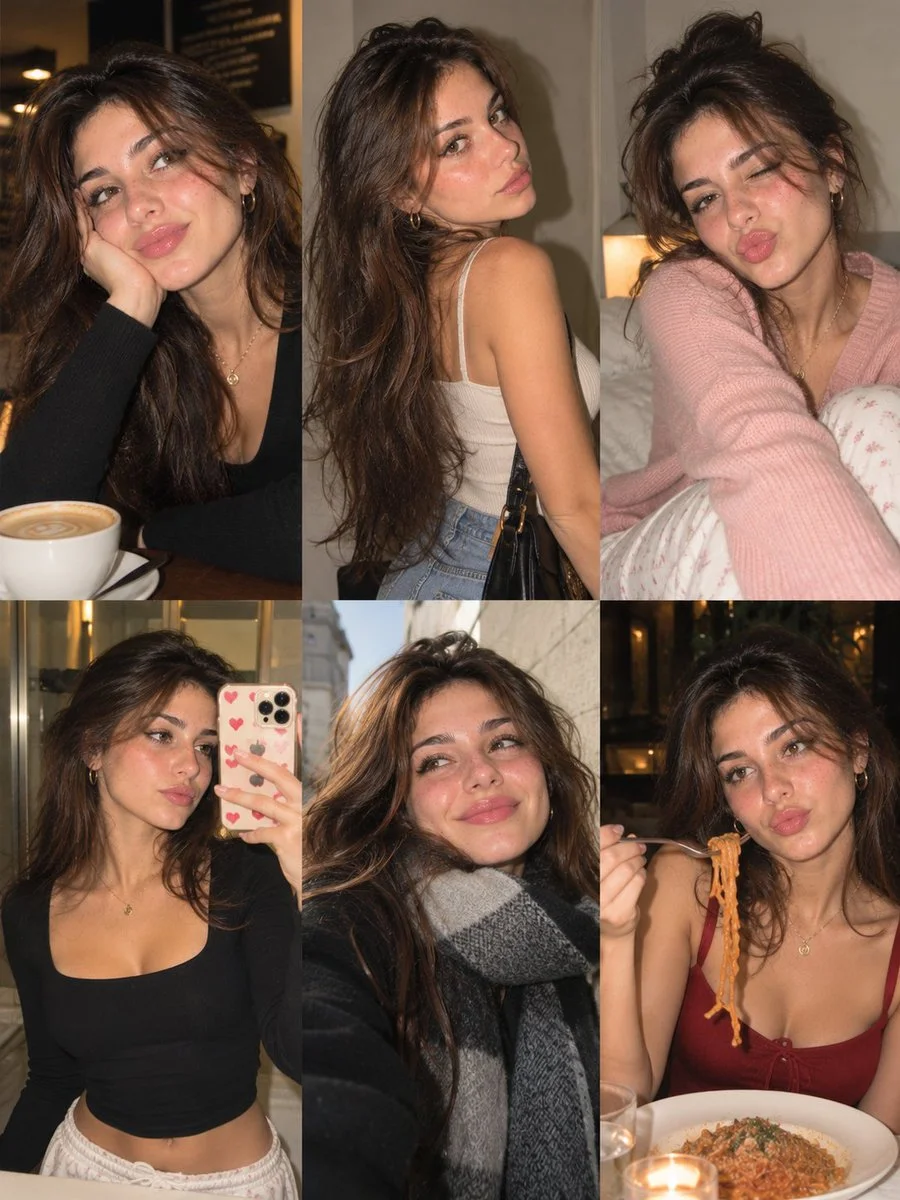 Six candid moments capture the same woman in a realistic lifestyle collage