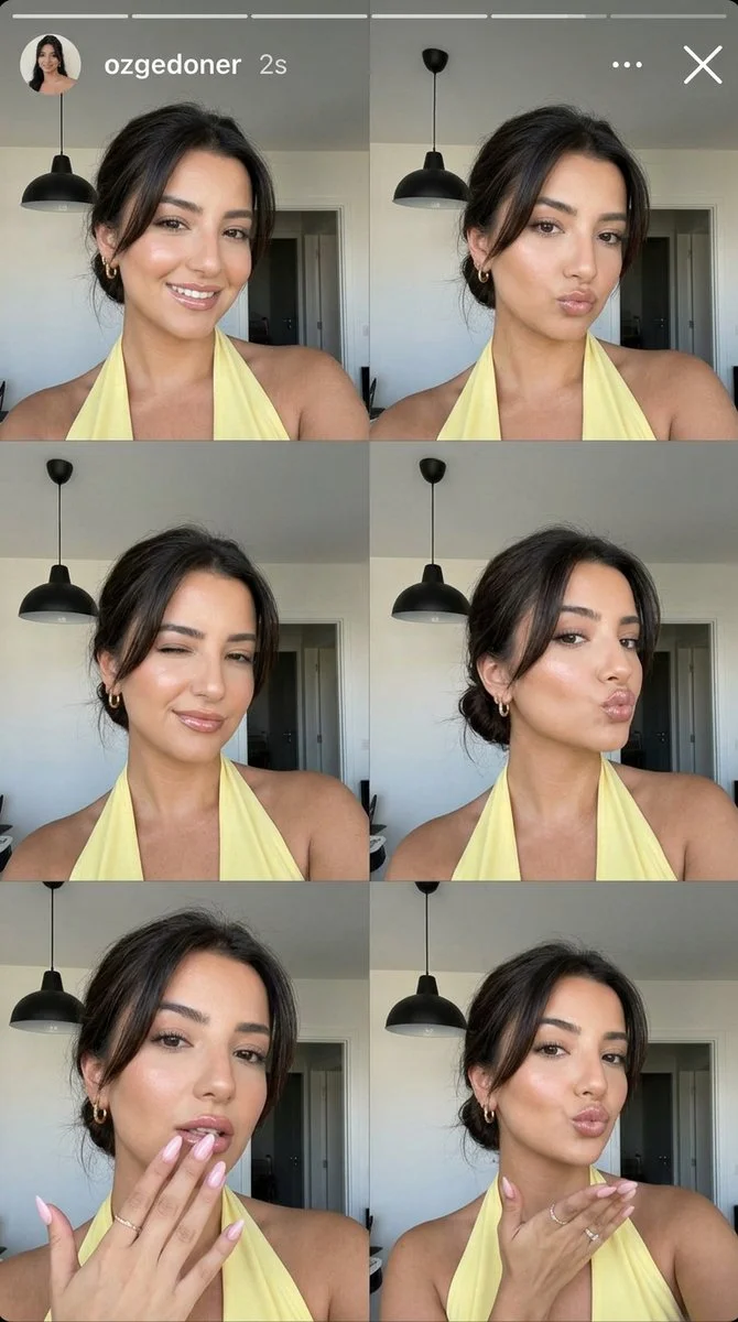 Six candid selfies show a woman's playful summer beauty
