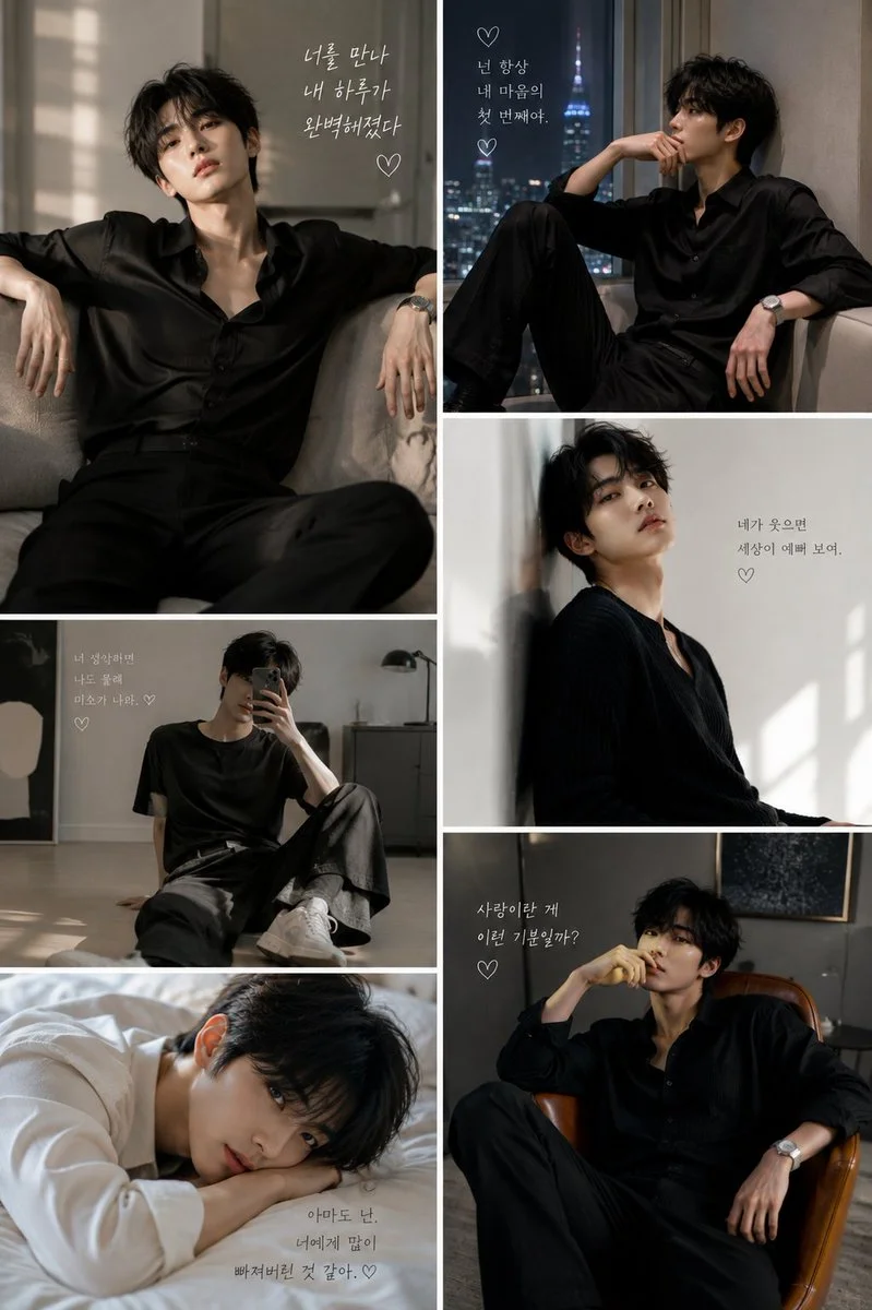 Six cinematic frames capture a Korean model in warm minimal light.