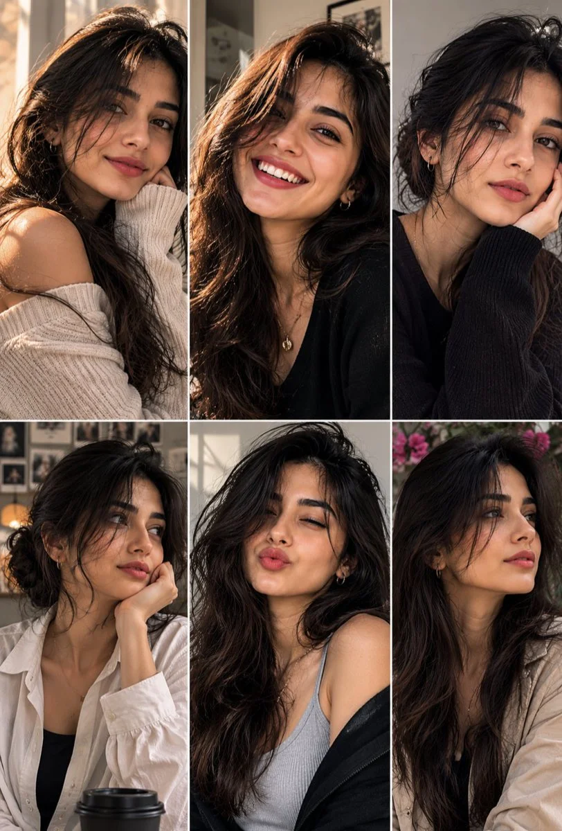 Six expressions of a South Asian woman in warm light