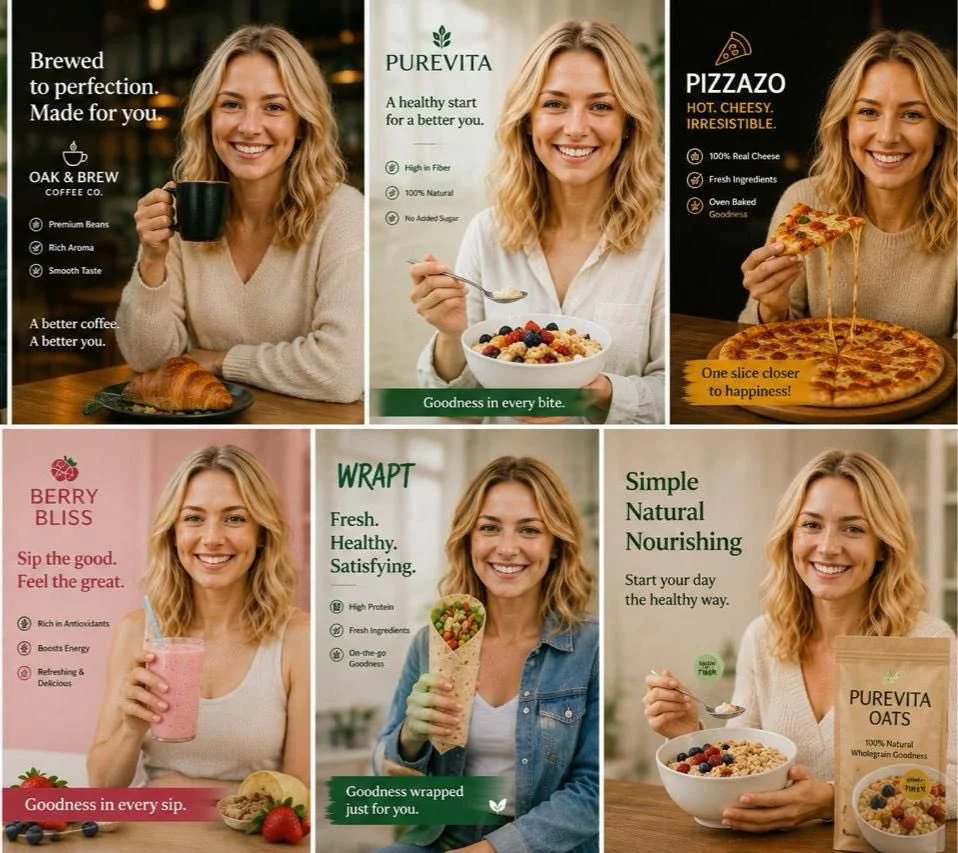 Six food ads with a blonde model in cozy and bright settings