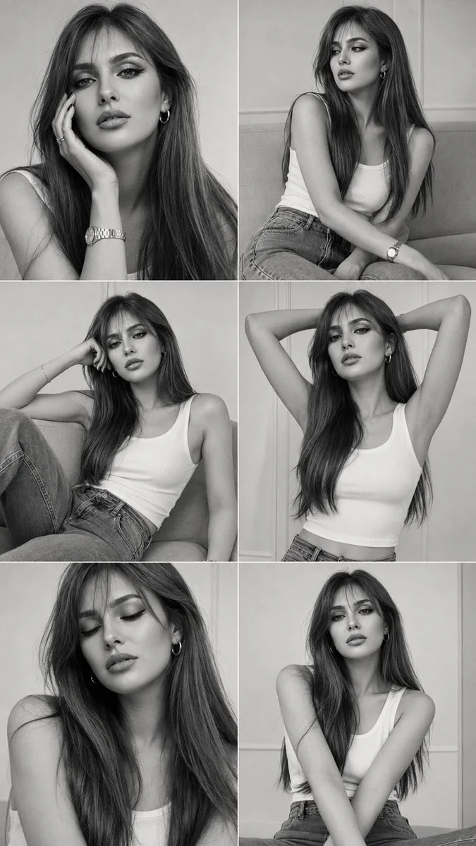 Six monochrome frames capture a young woman's editorial elegance