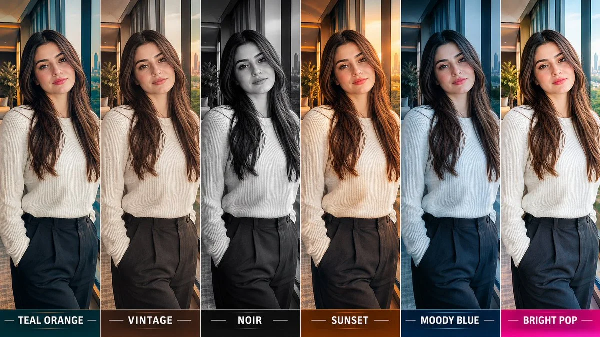 Six-Panel Cinematic Color Grading Sheet Reveals Dramatic Mood Shifts