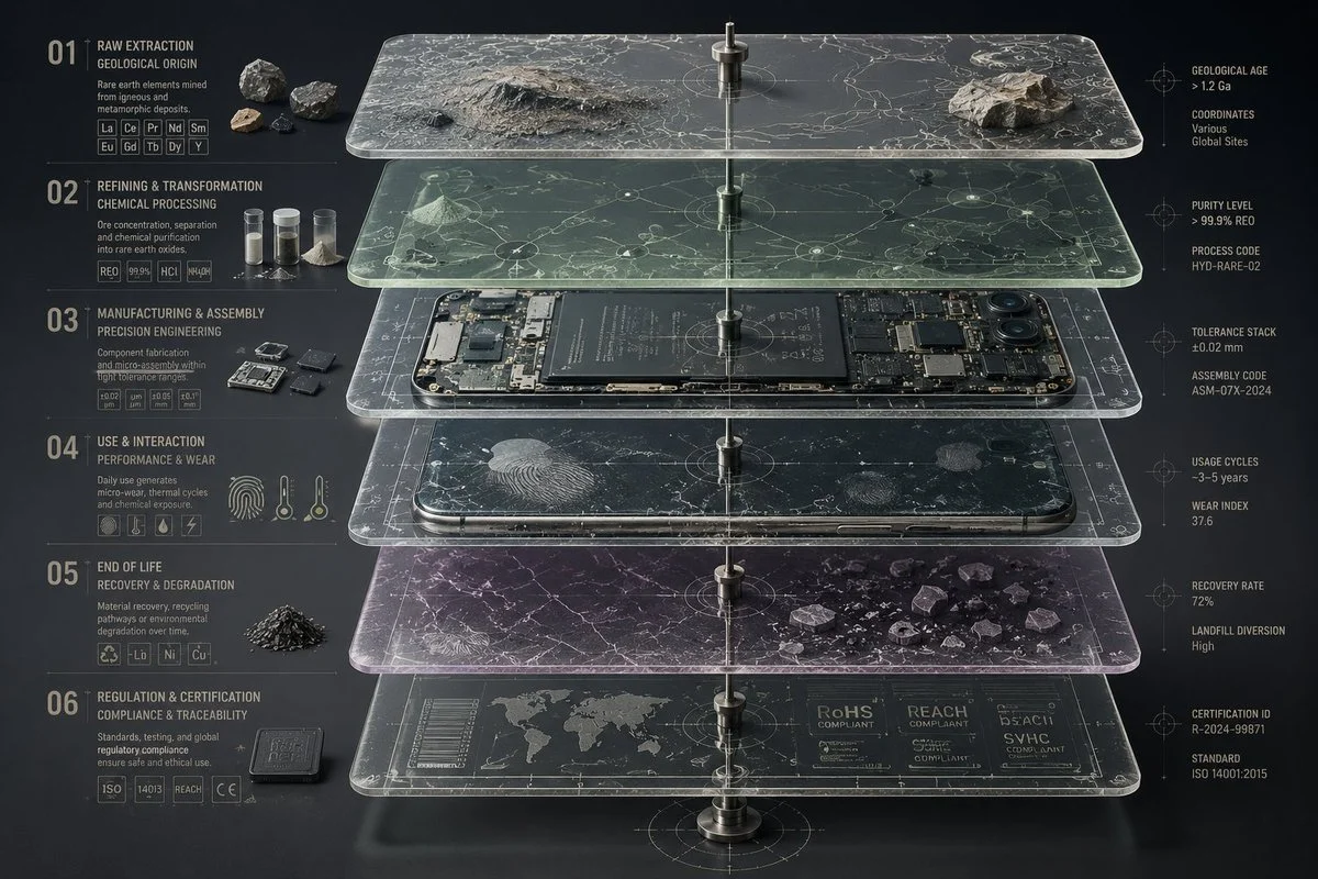 Six translucent planes reveal a smartphone's complex supply chain journey