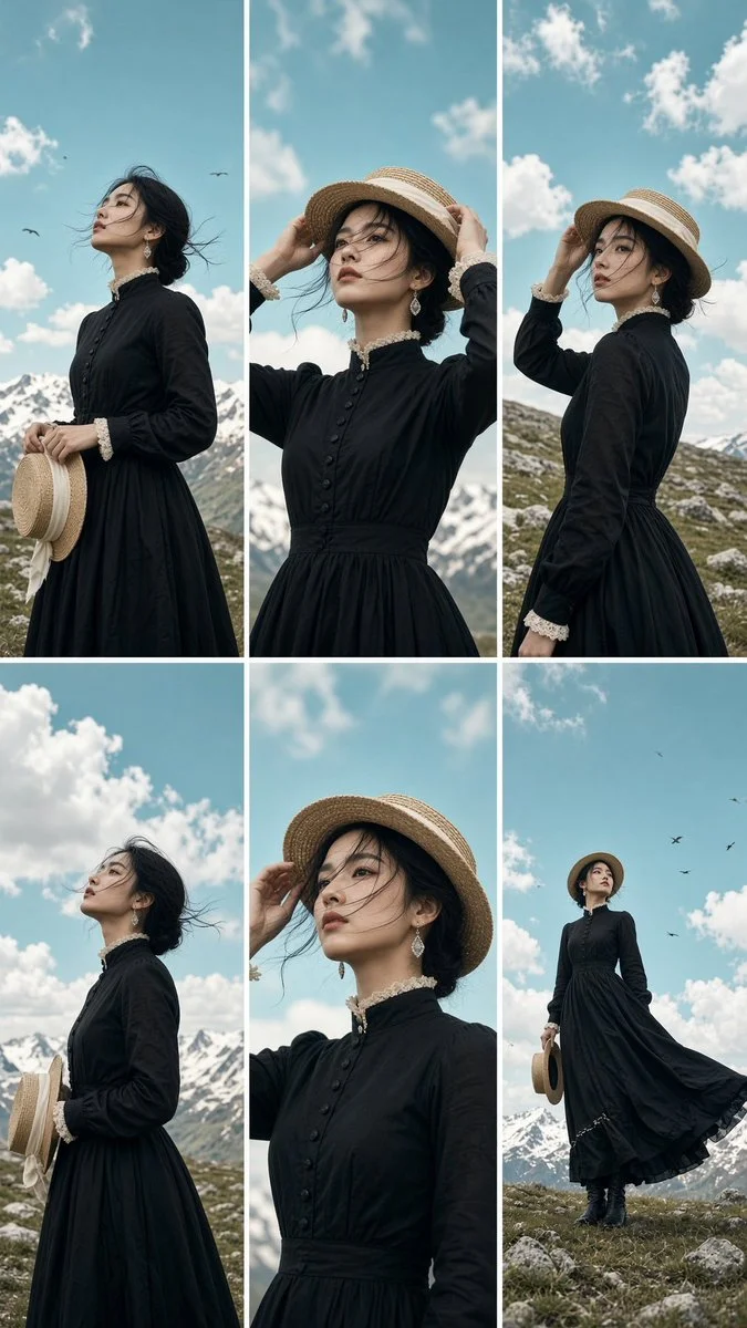 Six vertical photos show woman in black dress on plateau meadow