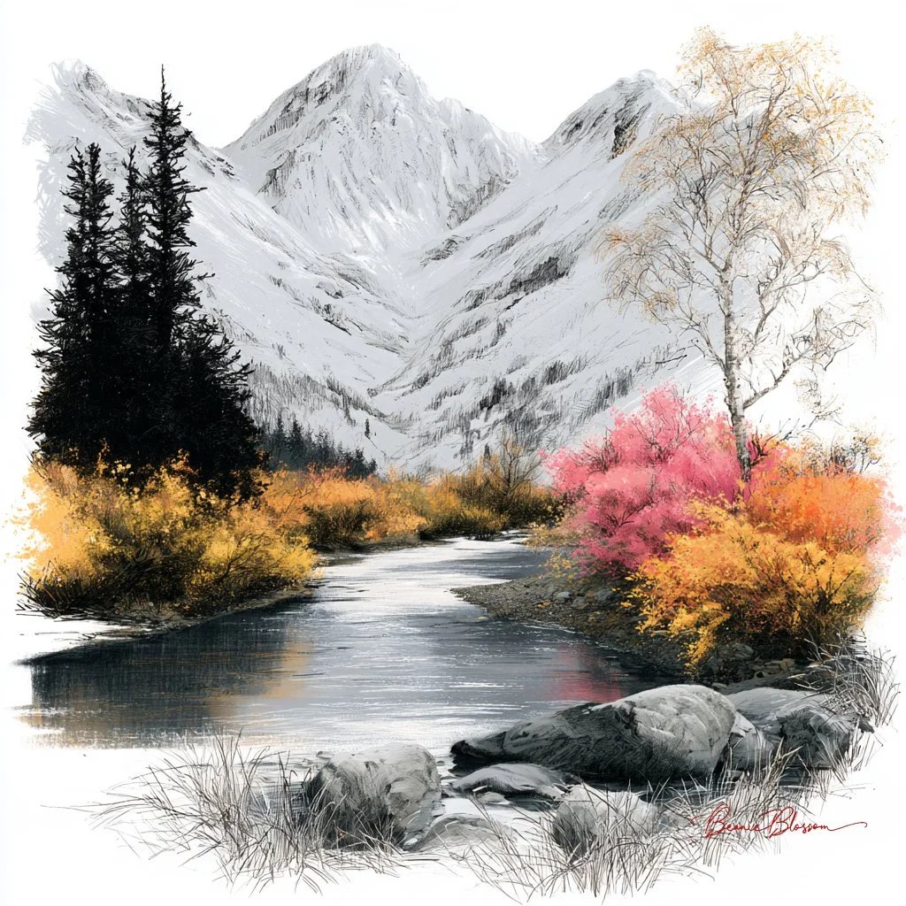 Sketch-style river valley with high peaks and colorful autumn foliage