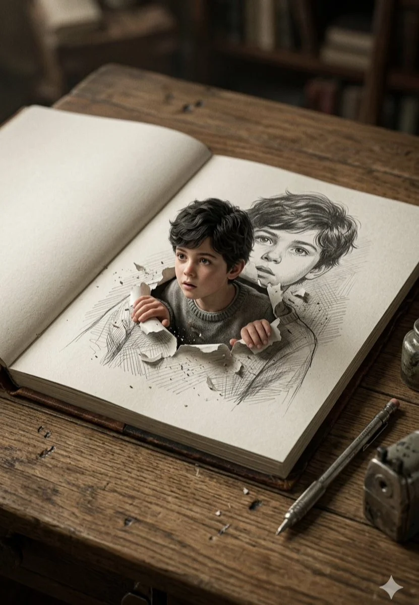 Sketchbook Boy Breaking Through Paper Reality